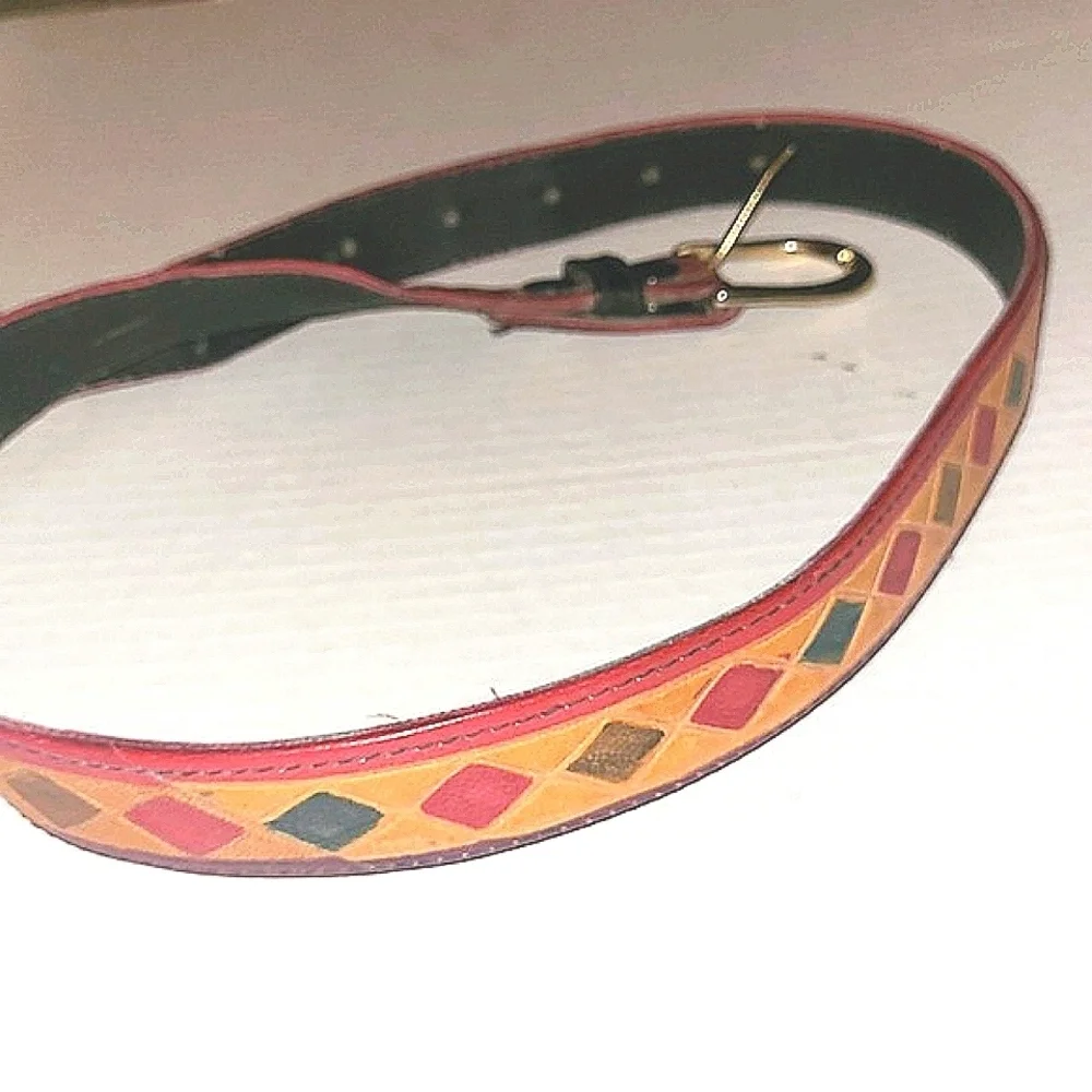 Genuine Leather belt Small - M red & green on brown gold buckle 1